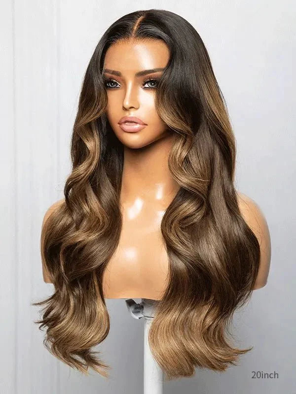 Hairvivi Ophelia Dark Brown Hair with Caramel Highlights Face Framing Wavy Wig