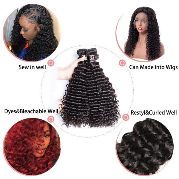 CurlyMe Deep Wave Virgin Human Hair 4 Bundles with 4x4/5x5 Closure Natural Black