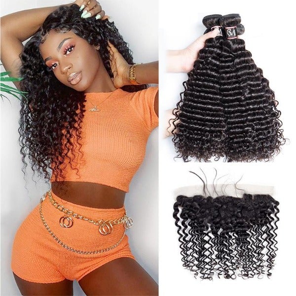 CurlyMe Deep Wave Virgin Human Hair 4 Bundles with 13x4 Frontal Natural Black