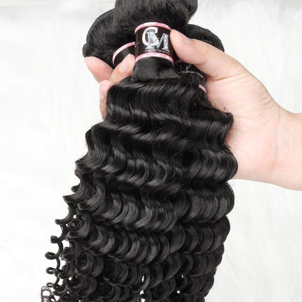 CurlyMe Deep Wave Virgin Human Hair 3 Bundles With 4x4/5x5 Closure Natural Black