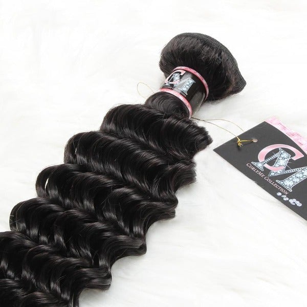 CurlyMe Deep Wave Virgin Human Hair 4 Bundles with 13x4 Frontal Natural Black