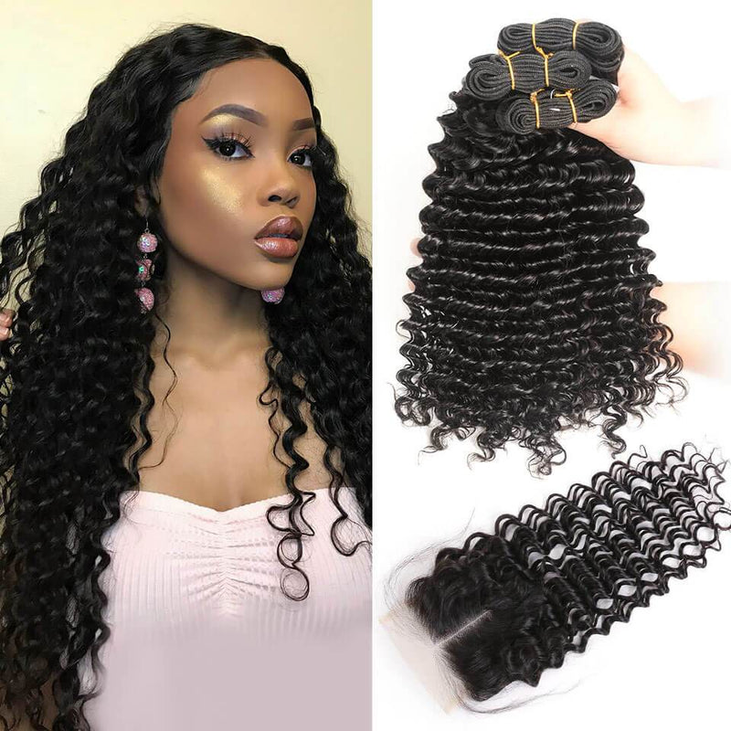 Ali Grace Deep Wave Hair Wave 3 Pcs With 4x4 Lace Closure