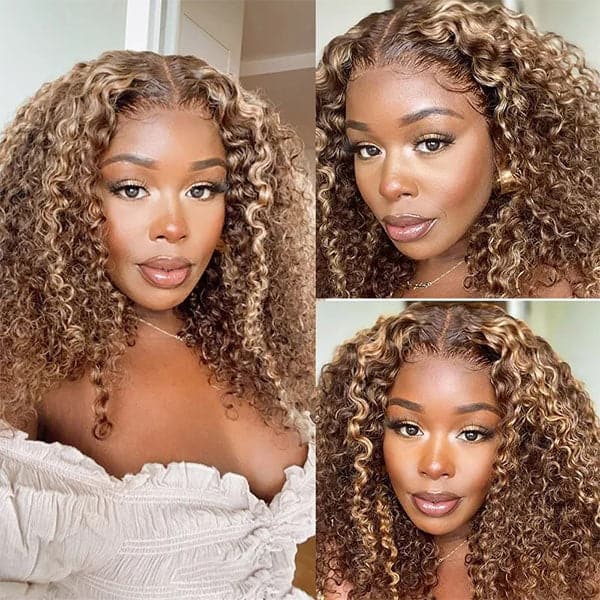 Deep Curly 4/27 Brown Colored Highlight Wig Transparent T Part Lace Wig 4/27 Mix Color