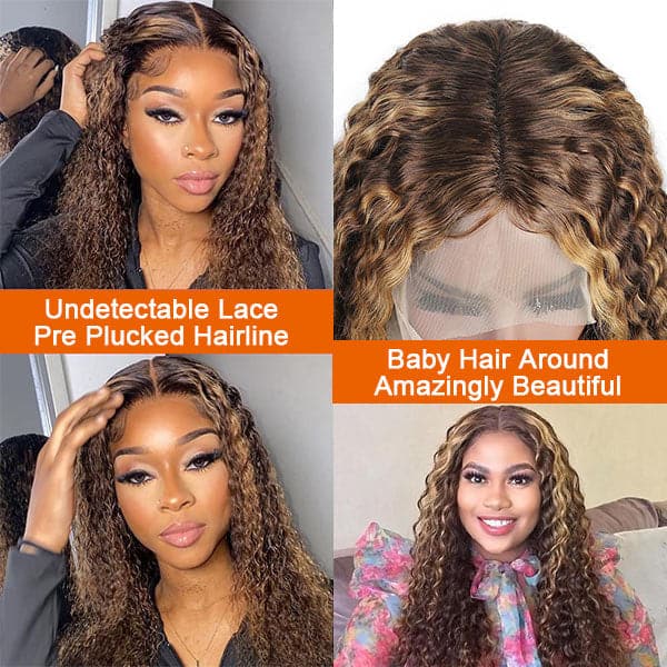 Deep Curly 4/27 Brown Colored Highlight Wig Transparent T Part Lace Wig 4/27 Mix Color