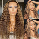 Deep Curly 4/27 Brown Colored Highlight Wig Transparent T Part Lace Wig 4/27 Mix Color