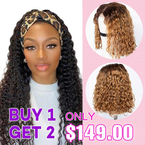Buy One Get One Free Deep Wave Headband Human Hair Wig Plus 4/27 Water Wave Bob 180% Density