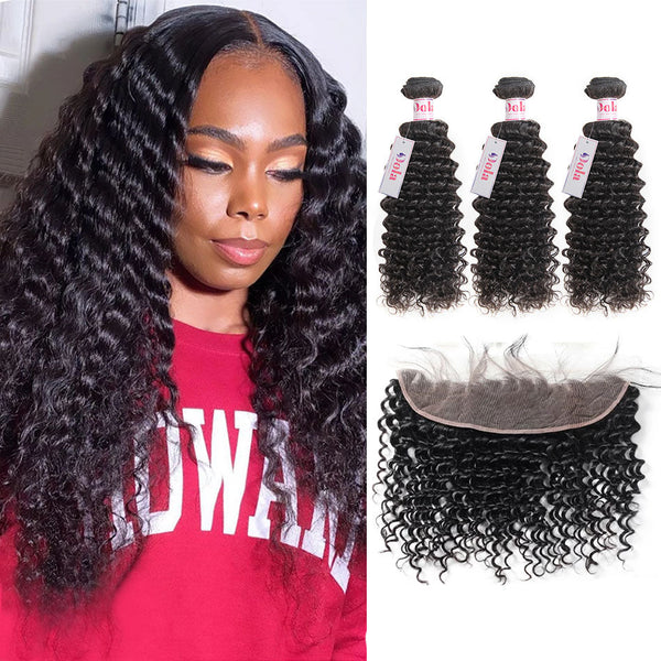 Dola Hair 3Pcs Virgin Human Deep Wave Hair Weaves With HD Lace Frontal