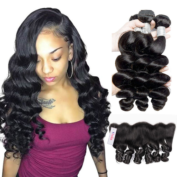 Dola Hair Brazilian Virgin Hair Loose Wave Hair Bundles With HD Lace Frontal Closure 13x4