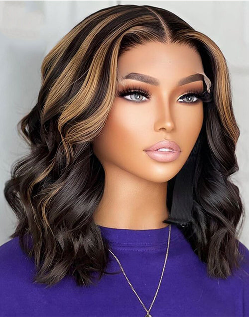 Jessies Wig HD Lace Highlight Bayalage Wavy Bob Wig Ombre Honey Blonde Human Hair Closure Wig