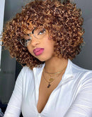 Jessies Wig Highlight Honey Blonde Curly Short Bob Wig With Bangs Natural Black Glueless Fringe Wigs