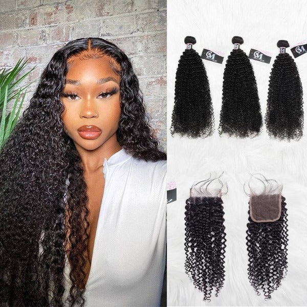 CurlyMe Kinky Curly Virgin Human Hair 3 Bundles With 4x4/5x5 Closure Natural Black