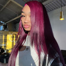 Upgrade 210% Density Purple Money Piece Wig Human Hair 99j Color Hair With Pink Streak Side Part Highlight Wigs