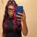 Upgrade 210% Density Purple Money Piece Wig Human Hair 99j Color Hair With Pink Streak Side Part Highlight Wigs