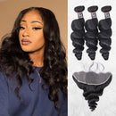 CurlyMe Loose Wave Virgin Human Hair 3 Bundles With 13x4 Frontal Natural Black