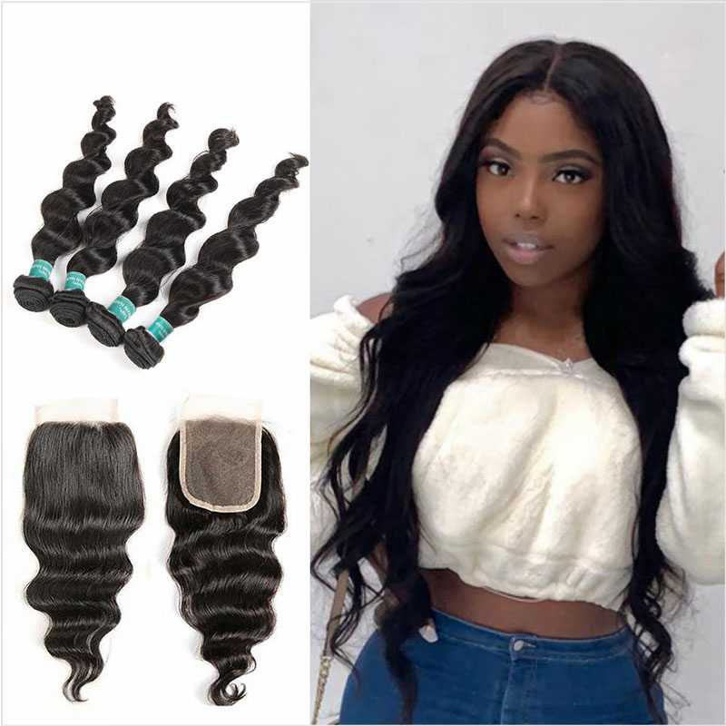 Ali Grace Loose Wave Hair Bundles 4 Pcs With 4x4 Lace Closure