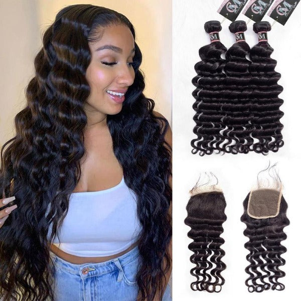 CurlyMe Loose Deep Virgin Human Hair 3 Bundles With 4x4/5x5 Closure Natural Black