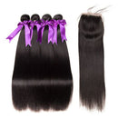 Mslynn Hair Brazilian Straight Hair 4 Bundles with Lace Closure 100% Unprocessed Brazilian Virgin Straight Hair Weave Bundles