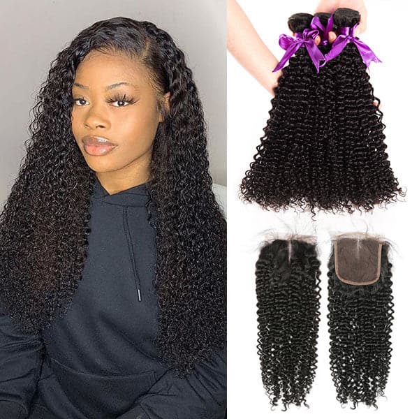 Mslynn Hair Brazilian Kinky Curly 3 Bundles with Lace Closure 100% Unprocessed Brazilian Kinky Curly Hair Weave Bundles Natural Color