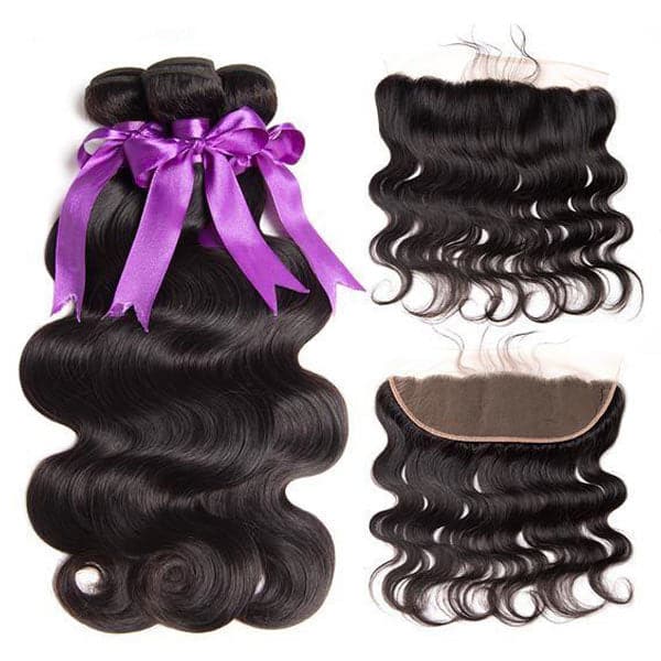 Mslynn Hair Malaysian Body Wave 3 Bundles with Lace Frontal 100% Human Hair Body Wave Bundles Natural Color