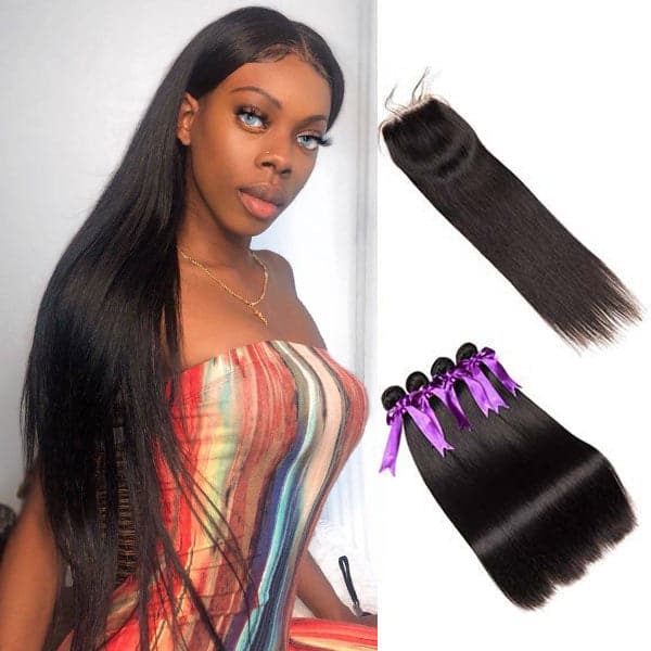 Malaysian Straight Virgin Hair 4 Bundles with Closure with Baby Hair