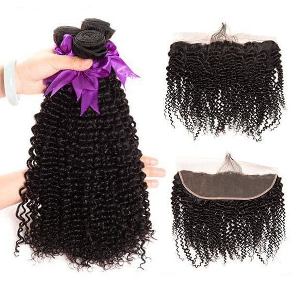 Mslynn Hair Malaysian Kinky Curly Human Hair Bundles 3 Bundles With Frontal 100% Unprocessed Virgin Kinky Curly Hair Bundles Natural Color