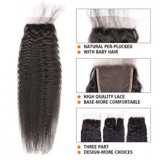 Mslynn 100% Human Hair Kinky Straight Hair 3 Bundles Human Hair Bundles With Lace Closure