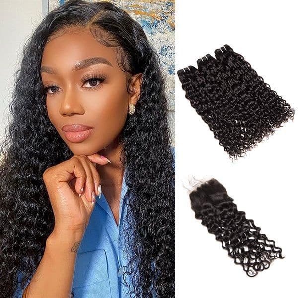 Malaysian Water Wave Natural Hair 3 Bundles With Lace Closure 100% Unprocessed Malaysian Water Wave Hair Weave Bundles Natural Color