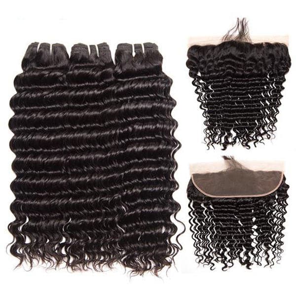 Mslynn Hair Peruvian Deep Wave 3 Bundles with Lace Frontal 100% Virgin Human Hair  Natural Color