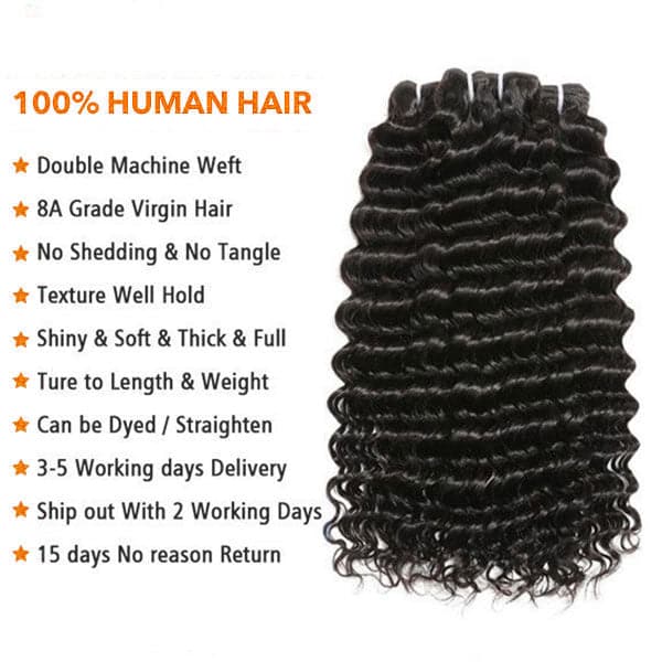 Mslynn Hair Peruvian Deep Wave 3 Bundles with Lace Frontal 100% Virgin Human Hair  Natural Color