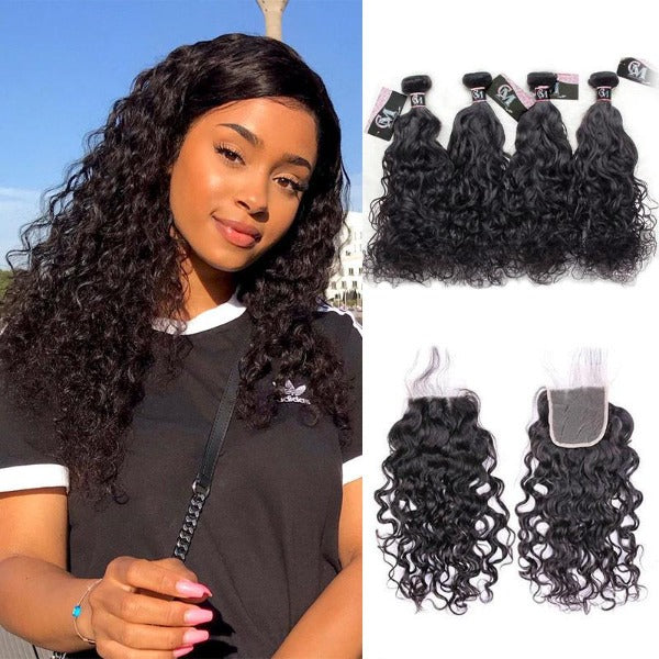 CurlyMe Natural Wave Virgin Human Hair 4 Bundles with 4x4/5x5 Closure Natural Black