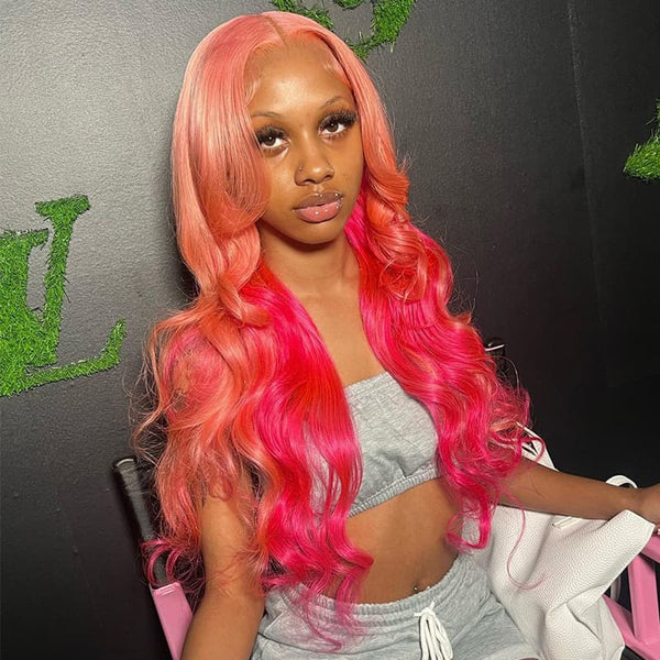 New Arrival Ombre Colored Pink Red 13x4 Transparent Lace Front Human Hair Wigs For Women 210% Density Pre Plucked Body Wave Hair Wigs