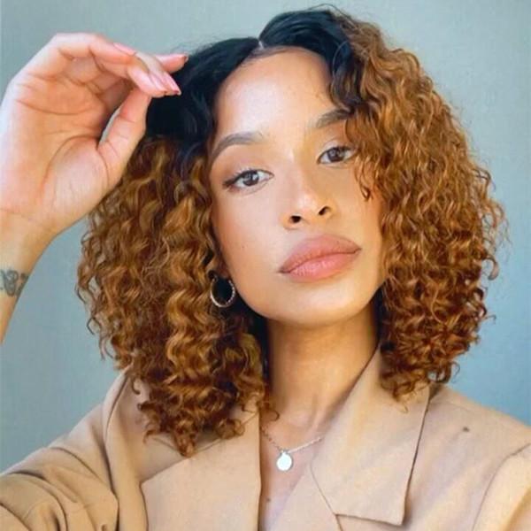 Short Cut Human Hair Wig Water Wave Bob 210% Density 1b/30 Honey Blonde 4x4 Lace Closure Wig