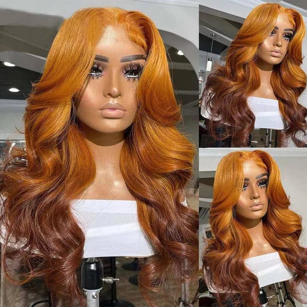 High 210% Density New Arrival Long Orange Ombre #4 Blonde Body Wave Human Hair Wigs Ombre Colored Fall Trend Wigs