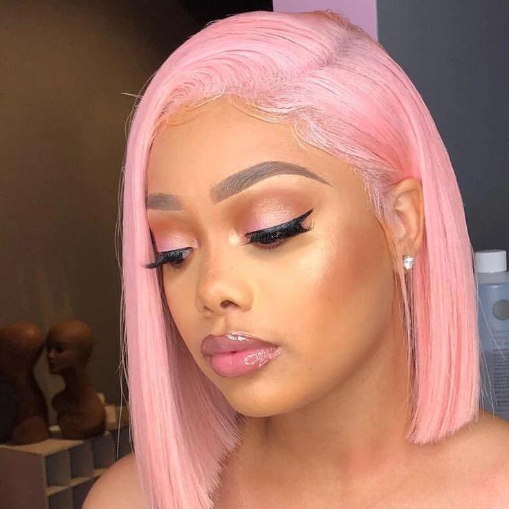 USA 2 Day Express Shipping Buy One Get One Free 4x4 Lace Closure Pink Bob Straight Hair Plus Natural Color Bob Wigs With Bangs