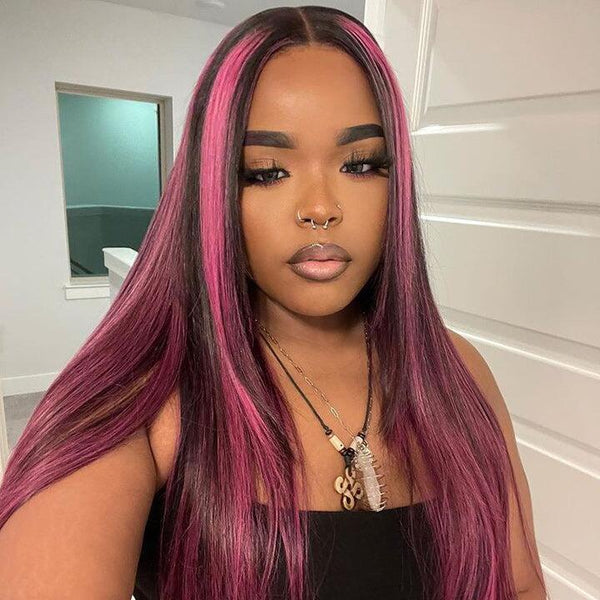 Pre Cut Lace | Upgrade Breathable Airy Cap Black Hair With Purple Highlights 13X4/6x5 Body Wave/Straight HD Lace Frontal Pre-plucked Easy Wear And Go Wig