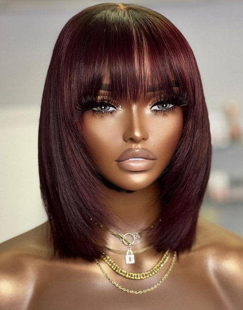 Jessies Wig Burgundy Layer Cut Straight Bob Wigs With Bangs No Glue No Gel Fringe Wigs