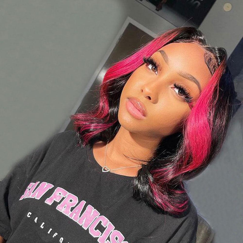 tiktok Short Bob Pink Rose Color Skunk Stripe Highlight Wig 100% Real Human Hair Wig 180% Density