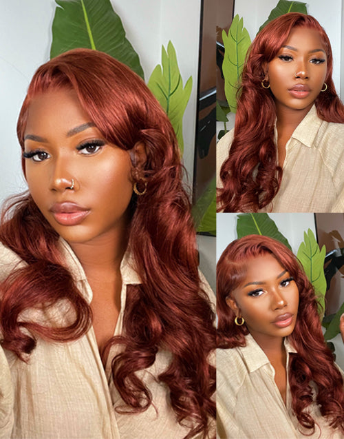 Jessies Wig Reddish Brown Color Body Wave 13x4 Lace Front Human Hair Wig Auburn Copper