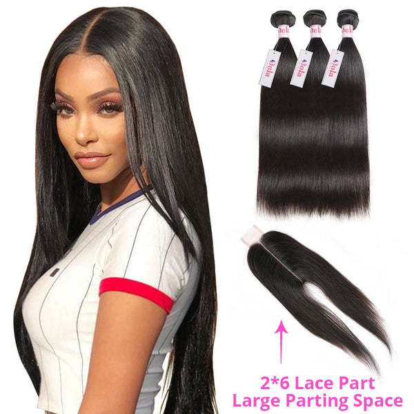 Dola Hair 2x6 Part Lace Closure With 3 Bundles 8A Brazilian Straight Hair