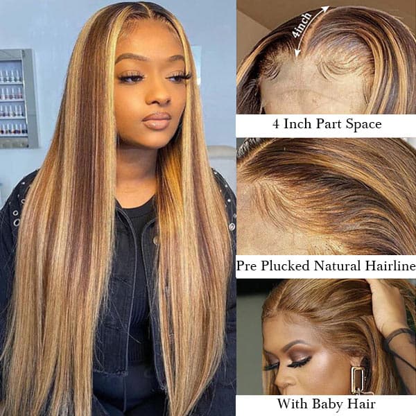 Mslynn 4/27 Straight Highlight Colored Lace Front Wigs Transparent T Part Wig With Baby Hair