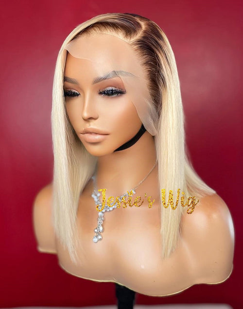 Jessies Wig T4/613 Ombre Blonde Bob Lace Front Wigs With Chocolate Brown Roots