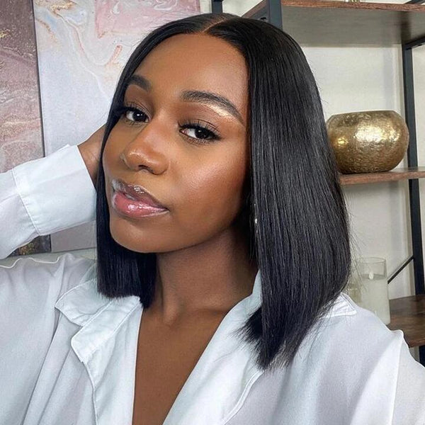 Megalook Short Cut Thin V Part Wig Straight Bob Human Hair Wigs Without Leave Out Ship From USA 2 Day Delivered