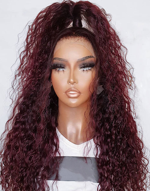 Jessies Wig 99j Burgundy Water Wave Wig 4x4 13x4 Closure Human Hair Wigs