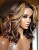 Jessies Wig 4x4/5X5 HD Lace Highlight Human Hair Honey Blonde Wavy Bob Closure Wig