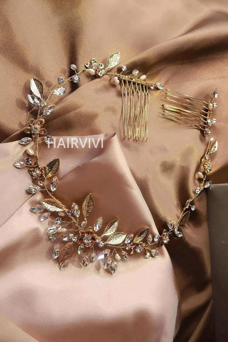 Hairvivi Gold Leaves and Crystal Blooms Wedding Hair Vine (3870 Points)