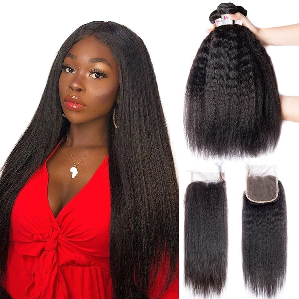 Megalook Yaki Straight Virgin Brazilian Hair Unprocessed 4 Bundles Human Hair With 4x4 Transparent Lace Closure